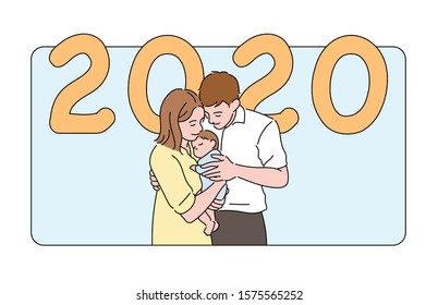 Mom and Dad lovingly look at their new baby in 2020. hand drawn style vector design illustrations. 