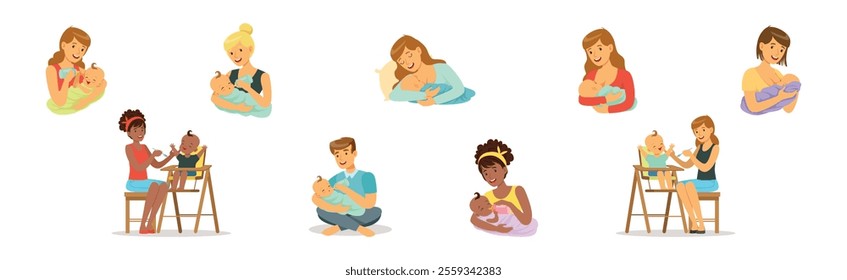 Mom and Dad Parent Feeding Baby Kid Vector Set