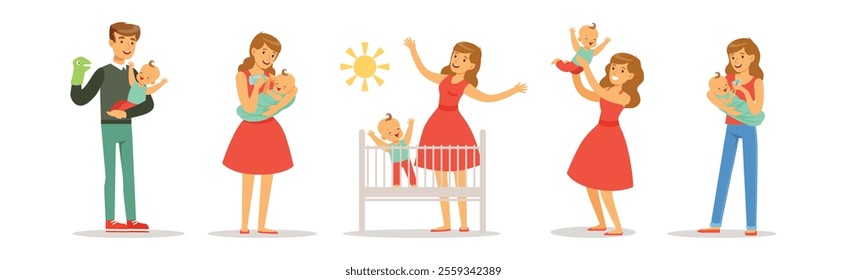 Mom and Dad Parent Feeding Baby Kid Vector Set