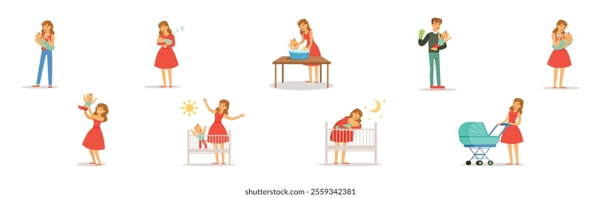 Mom and Dad Parent with Their Baby Kid Vector Set