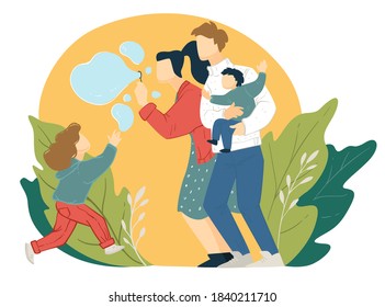 Mom and dad playing with daughter blowing soap bubbles in park. Family weekends or vacation outdoors, mother and father with children outside. Girl chasing balloons, vector in flat style illustration