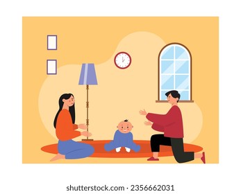 Mom and dad playing with their baby boy sitting on a orange carpet, indoor decoration a lamp, photos, clocks and window. Character design. Vector flat illustration