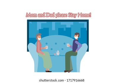 Mom and Dad request to stay home during quarantine and coronavirus ncov-2019. Mom and dad are sitting on the sofa in front of the window. parents respect self-isolation. Vector flat illustration.