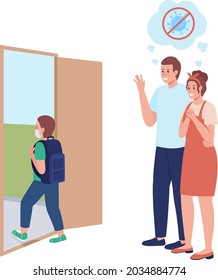 Mom and dad see son off to lesson semi flat color vector character. Happy family figure. Full body people on white. Pupil isolated modern cartoon style illustration for graphic design and animation