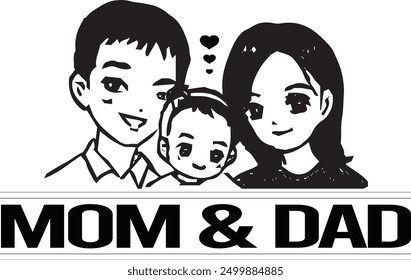 A "Mom and Dad silhouette vector art illustration" is a stylized graphic design that depicts the figures of a mother and father using solid shapes and minimal details.