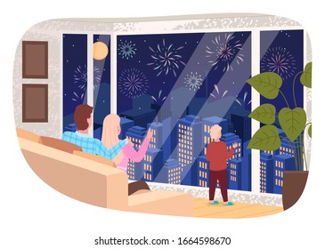 Mom And Dad Sitting On Sofa And Kid Standing By Window Looking At Fireworks At Night. Cityscape View At Evening. People Celebrating Holidays. Characters Spending Time At Home, Vector In Flat