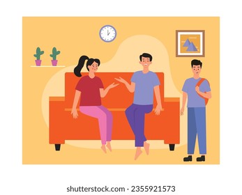 Mom and dad are sitting on the sofa waiting for their son to come from school, home decoration living room with plants, clock and window. Character design. Vector flat illustration