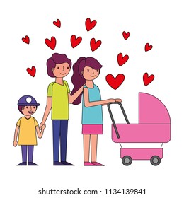 mom dad and son with baby stroller hearts love