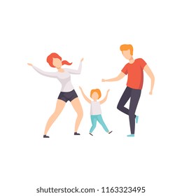 Mom, Dad And Son Dancing, Boy Having Fun With His Parents Vector Illustration On A White Background