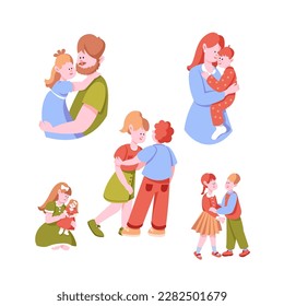 Mom and Dad with Son and Daughter Cuddling Together Vector Set