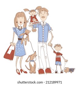 Mom, dad, son, daughter and dog. Vector illustration for printing on paper and fabric