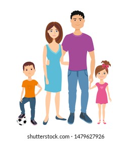 Mom, dad, son and daughter isolated on white background. Vector illustration of a happy family. Man, woman, girl and boy in cartoon simple flat style. Parents and children.