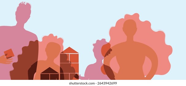 Mom and dad and son and daughter playing together, silhouette vector stock illustration as Authentic Family silhouettes, copy space template for overlay