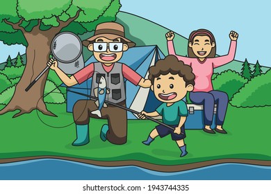 Mom, Dad and Son Go Fishing and Camping by the River Surrounded by Views of Trees, Shrubs, and Mountains. Character. Children Book Illustration. Vector