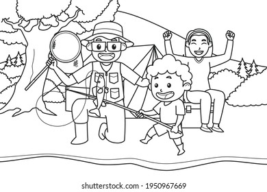 Mom, Dad and Son Go Fishing and Camping by the River Surrounded by Views of Trees, Shrubs, and Mountains. Black and White Color. Coloring Book Illustration. Vector Illustration