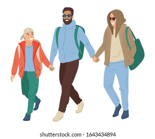 Mom dad and son go together hand in hand. Portrait of modern family on walk. Tourists go to the store. Isolated on white background. Vector cartoon illustration