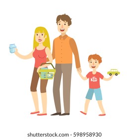 Mom, Dad And Son Holding Toy Car Shopping, Illustration From Happy Loving Families Series