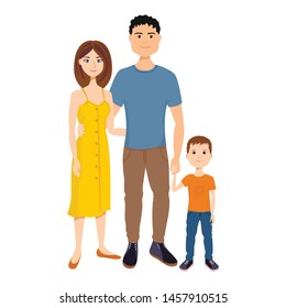 Mom, dad and son isolated on white background. Happy family with child. Vector illustration of man, woman and little boy.