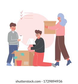 Mom, Dad and Son Packing Boxes in Room, Family Relocating to New Apartment Vector Illustration