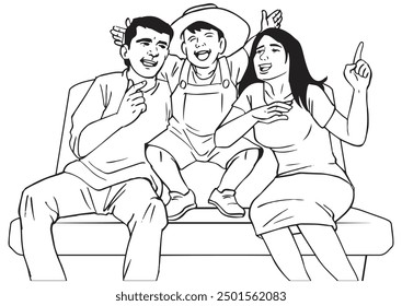 Mom, dad and son are singing on the couch. Illustration in black and white and vector format. Please note that this illustration is not AI Generated content.