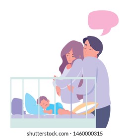 mom and dad taking care baby in bed