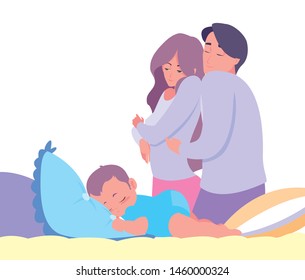 mom and dad taking care baby in bed