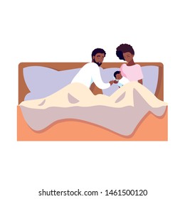 mom and dad taking care baby in bed