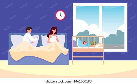 mom and dad taking care baby in crib