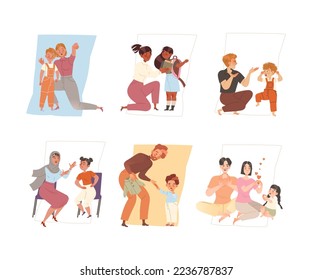 Mom and Dad Talking to Their Son and Daughter and Arguing with Kid as Bad and Good Relationship Between Parent and Little Child Vector Set