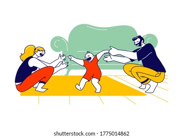 Mom and Dad Teach Kid to Walk, Baby First Step Concept. Mother and Father Characters Help to Child Walking. Parents Catching Little Son or Daughter Sitting on Floor. Linear People Vector Illustration