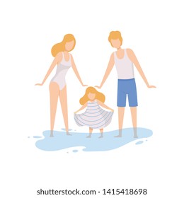 Mom, Dad and Their Little Daughter on Beach, Happy Family Enjoying Summer Vacation on Seashore Vector Illustration