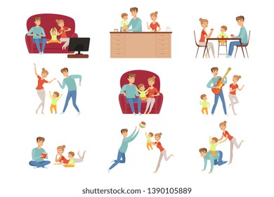 Mom, dad and their little son spending time together set, happy family and parenting concept vector Illustration on a white background