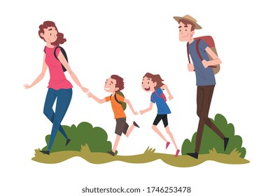 Mom, Dad their Son and Daughter Hiking on Nature, Summer Vacation Adventures, Family Members Spending Joyful Time Together Outdoors Cartoon Vector Illustration