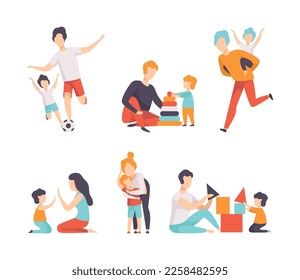Mom and Dad with Their Son Playing Football, Toy Block, Embracing and Clapping Hands Spending Good Time Together Vector Set