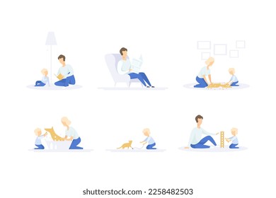 Mom and Dad with Their Son Reading Book, Solving Jigsaw Puzzle, Washing Dog, Playing Jenga and Kitten Spending Good Time Together Vector Set