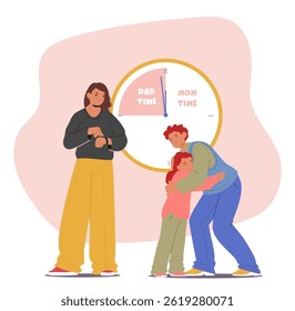 Mom and dad time management for parenting and raising children scene. Divorced parents cartoon characters dividing daughter custody and time for physical joint, communication vector illustration