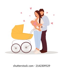 Mamá y papá están caminando con un bebé en un coche. Lactancia materna. Mamá sostiene a su bebé recién nacido. Ilustración del vector