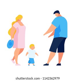 Mom and dad are walking with son. Parents and child. First steps. Flat style people. Young man in casual clothes, woman with hat. Vector illustration.