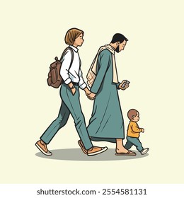 mom and dad walking with their kid as a happy family