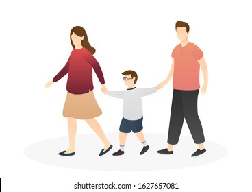 mom and dad walking while holding their kid hands. nurturing, care, good parenting, good nurturing, care, bonding, trust and support between parents and children. flat vector illustration