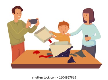 
Mom and Dad watch their little son open a gift box.  Cartoon character design. Flat vector illustration 