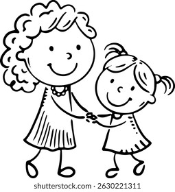 Mom dances with her daughter holding hands. Outline cartoon famiily clipart, isolated illustration