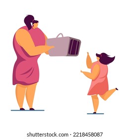 Mom and daughter in Animal clinic with pet flat vector illustration. Veterinary hospital interior with doctors and patients caring about dogs and cats. Animal, pets, medical care
