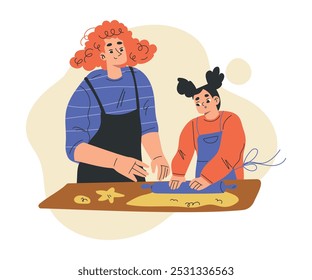 Mom with Daughter in Apron Baking Cookie Enjoy Recreation Activity Together Vector Illustration