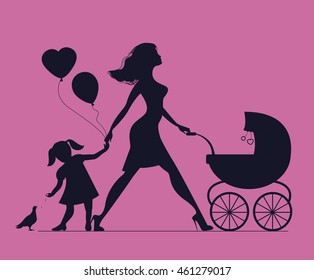 Mom with daughter and baby in baby carriage. Little girl feeds birds. Mother of many children. Beautiful fashionable mother. Vector silhouette