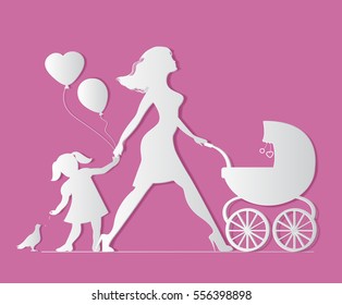Mom with daughter and baby in carriage. Little girl feeds b