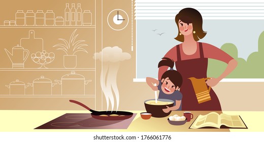Mom with daughter bakes pancakes in the kitchen. Flat graphic vector illustration.