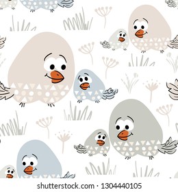 Mom and daughter bird cute seamless pattern. Family love. Mother and baby together illustration for child t-shirt print, kids apparel, nursery Simple scandinavian design. Summer time