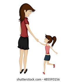 Mom and daughter - Brunette mom and daughter are holding hands and smiling at each other