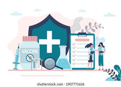 Mom and daughter came to doctor for vaccination against coronavirus. Prevention and protection of people from disease. Healthcare concept. Various flasks and bottles on background. Vector illustration